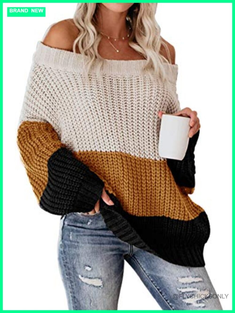 Womens Off Shoulder Color Block Sweater Oversized Pullover Top